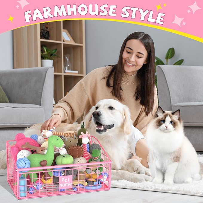 Kaiferty Indestructible Dog Toy basket, Medium Toy Box for Dogs,Pet Toy Bin Dog Metal Basket for Toys, Toy Storage Organizer, Living Room Area (Pink)