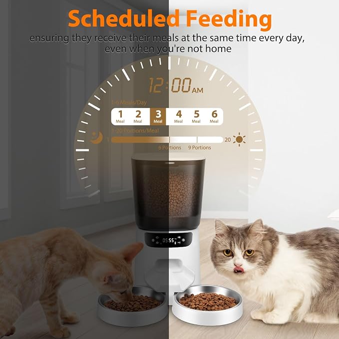 Automatic Cat Feeders for Two Cats, 5L/20 Cups Double Automatic Cat Food Dispenser with 2 Stainless Bowls, Timer Setting 20 Portions 6 Meals Per Day, 10s Meal Call (White)