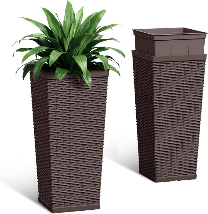 24 Inch Tall Plastic Planters (Set of 2), Detachable Inner Pot & Drainage Holes, Outdoor Decorative Flower Pots for Large Plants, Trees, Patio, and Garden, Brown