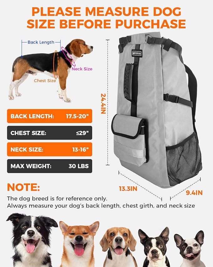 Waterproof Dog Backpack Carrier for Medium Dogs Under 30 lb, Grey | 4-Layer Protection, Adjustable Dog Hiking Backpack with Storage Pockets, Reflective Strips, Non-Slip Handle for Travel
