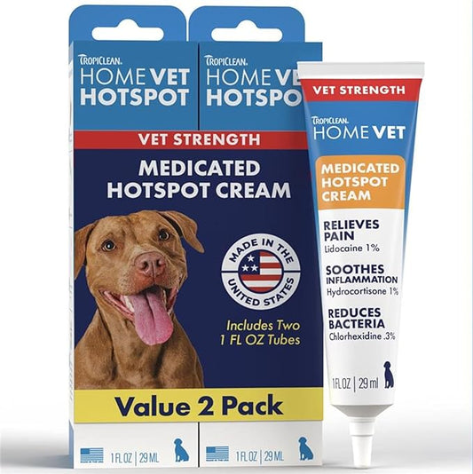 TropiClean HomeVet Medicated Cream, Hot Spot Treatment for Dogs, Fast Itch Relief, with Vet Strength Chlorhexidine & Hydrocortisone, USA Made, 2 Pack