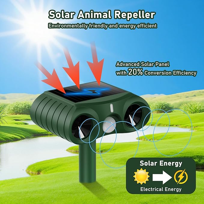 2026 Upgraded Ultrasonic Solar Animal Repellent Outdoor,USB-C Charging and Wall-Mounting Capability with Motion Activated,for Deer Cat Squirrel Raccoon Rabbit Dog Garden Yard