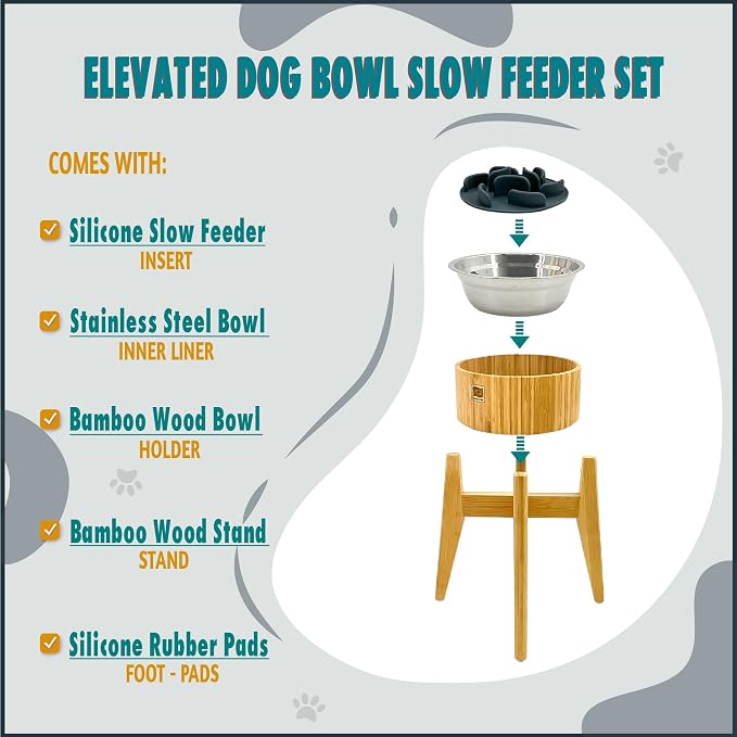 Slow Feeder Dog Bowl for Large Dogs - Elevated Food Stand, Collapsible | Raised Dog Bowl with Anti-Choking Insert, 12-Inch High, Anti-Wobble Lock, Resist Tipping - Stainless Steel, Bamboo