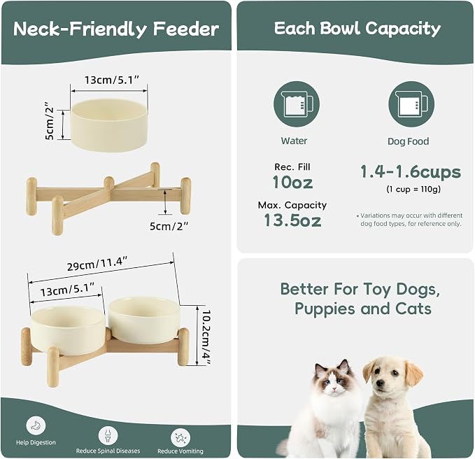 Havniva Elevated Dog Bowls Ceramic Dog Bowls with Stand, Dog Food Bowl | 5.1” Raised Dog Bowls with Non-Slip Wood Stand, Dog Food and Water Bowl Set, Double Dog Feeding Bowls for Small Dogs