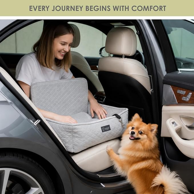 NANDOG Luxury Dog Car Seat Bed for Small Dogs, Soft Micro Plush Pet Seat with Removable & Washable Cushion Insert, Thick Safety Seatbelt Straps, Secure Travel Carrier, Light Grey, 20" L x 16" W