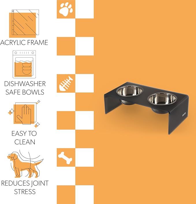 DBL2000J Keaton 5" Small/Medium Modern Acrylic Rectangular Elevated Pet Feeder with 20oz 2-Stainless Steel Bowls, Dark Gray/Chrome