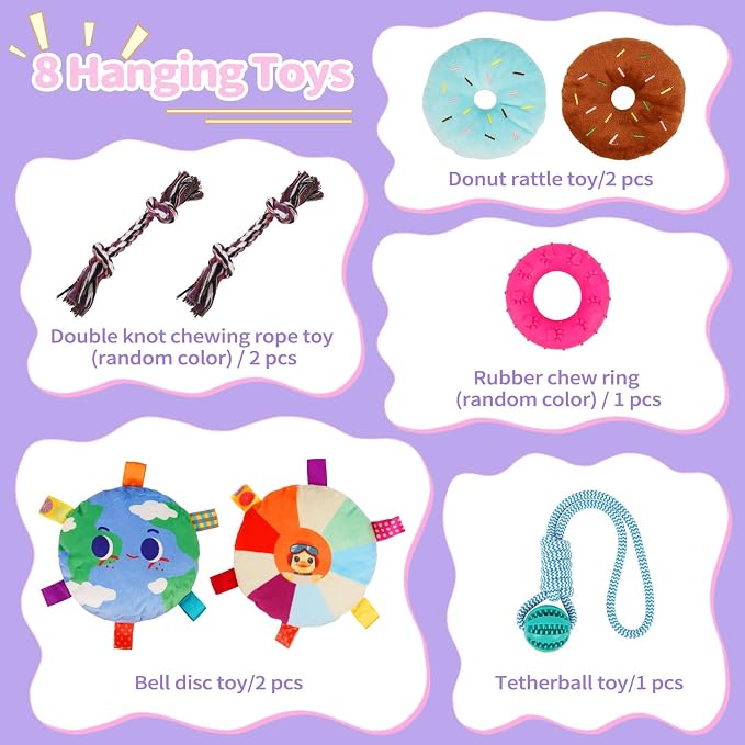 Liitrton Puppy Play Gym for Small Dogs with 8 Hanging Toys, Purple | 19.5"x19.5"x19.5" PVC Frame, Indoor Puppy Jungle Gym with Interactive Puppies Toys