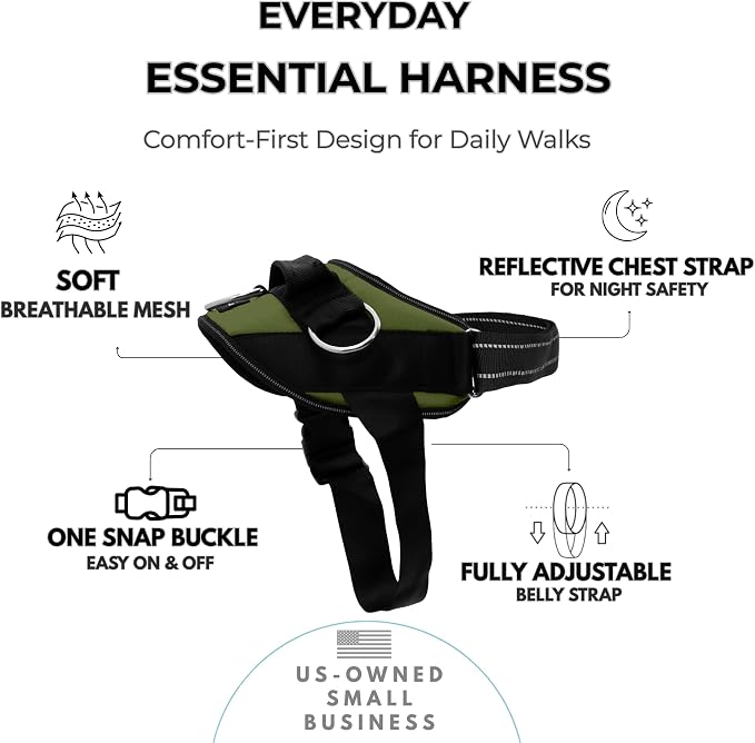 ShawnCo Essential Dog Harness, No-Pull Pet Vest (Olive Green,M) | 3 Leash Clips, Easy On, No-Choke, Reflective, Adjustable Fit, Padded Comfort, Control Handle, For Small, Medium & Large Dogs