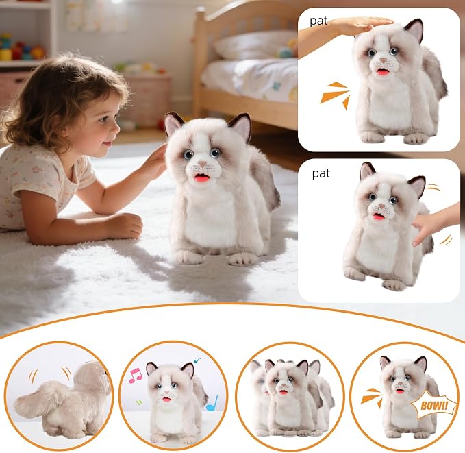 CU-MATE Interactive Pet Ragdoll Cat,Electric Plush Toy Cat,Robot Stuffed Cat with Walking/Nodding/Tail Wagging/Barking/Drinking Milk, Gift for Girls Boys