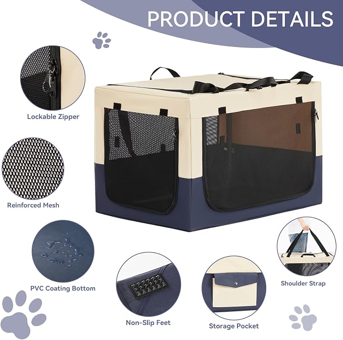 PETSFIT 36" Soft Portable Dog Crate – Patented Spiral Sturdy Frame, Collapsible Travel Kennel for Medium & Large Dogs, 3 Mesh Door, Lockable Zippers, Indoor & Car Use Navy Blue
