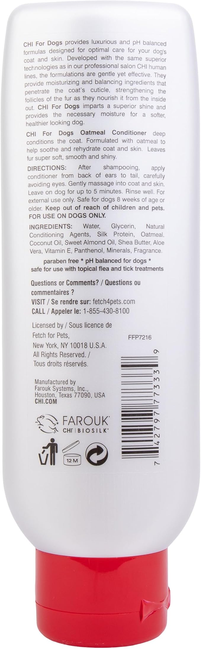CHI for Dogs Oatmeal Dog Conditioner, pH Balanced Moisturizer for Dry Skin, Sulfate and Paraben Free, Ionic Technology Detangling for Smooth Coat, Dogs and Puppies 8 Weeks+, Made in the USA, 6 Fl Oz
