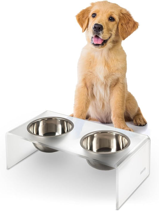 DBL2000K Keaton 5" Small/Medium Modern Acrylic Rectangular Elevated Pet Feeder with 20oz 2-Stainless Steel Bowls, Moon White/Chrome