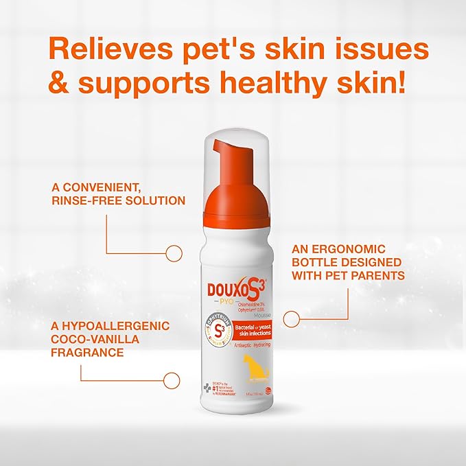 Douxo S3 Pyo Mousse, Contains 3% Chlorhexidine & 0.5% Ophytrium, Antiseptic & Hydrating, for Bacterial or Yeast Skin Infections, for Dogs, 5 fl. oz. (150mL)