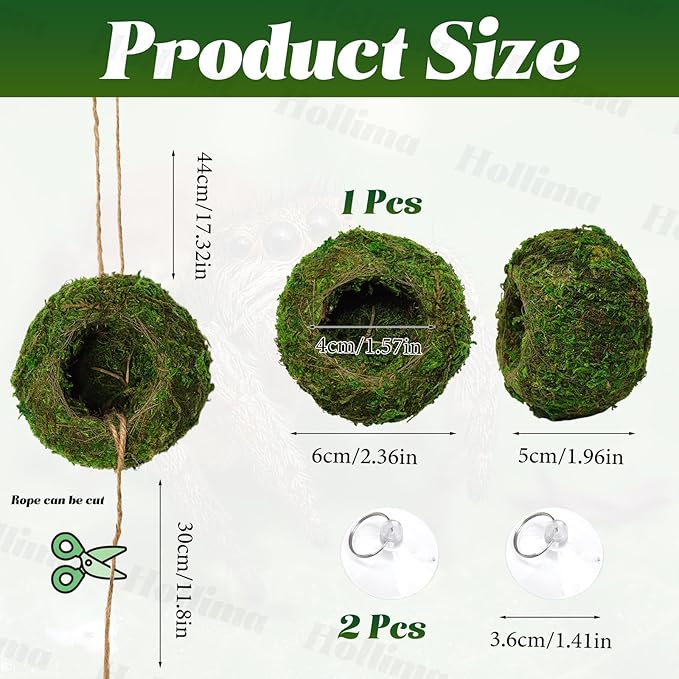 Jumping Spider Moss Cave Hide, Round Green Small Spider Moss Hideout, Jumping Spiders Cave Accessory for Reptile Terrarium