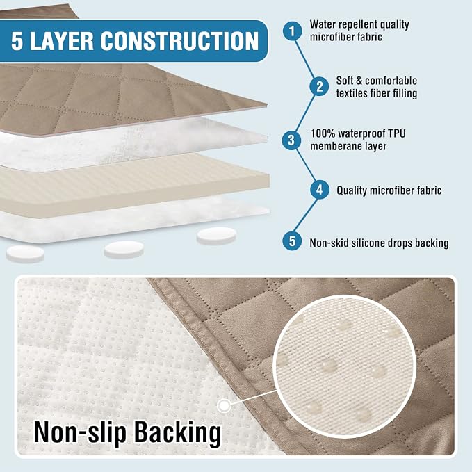 H.VERSAILTEX Couch Cover for Dogs Washable 100% Waterproof Sofa Cushion Cover Dog Bed Cover Non-Slip Pet Blanket for Sofa Cushion Protector, 35" x 62", Khaki