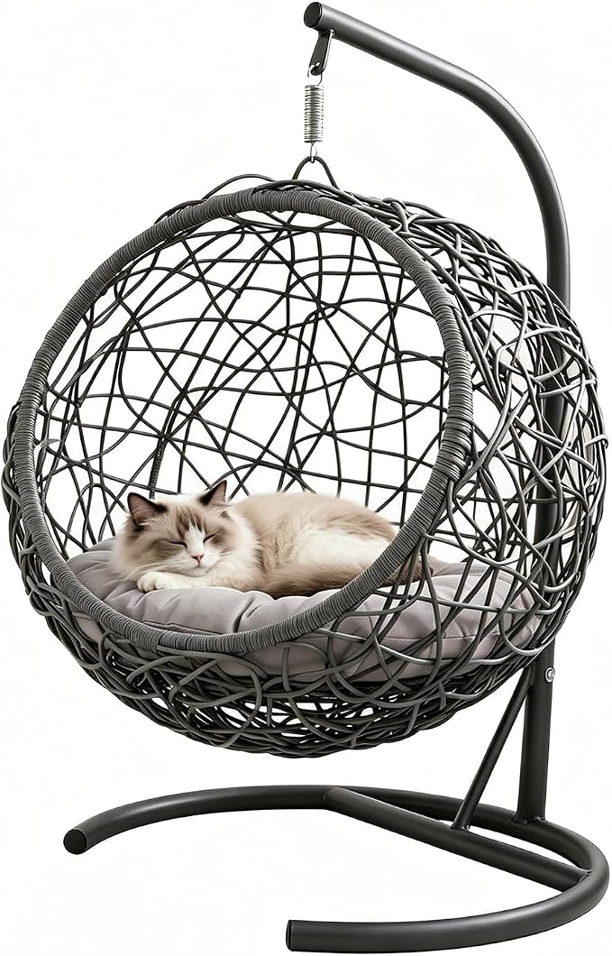 Hanging Cat Swing Bed with Stand, Rattan Egg Chair for Cats | Rattan Egg Chair Design, Soft Cushion, Stable Stand, Cozy Swinging Resting Spot For Cats And Small Dogs