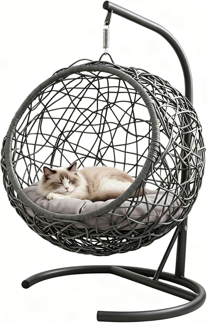 Hanging Cat Swing Bed with Stand & Cushion | Rattan Wicker Egg Chair for Cats, Small Dogs & Pets, Indoor Swinging Bed, Cozy Resting Spot, Modern Design