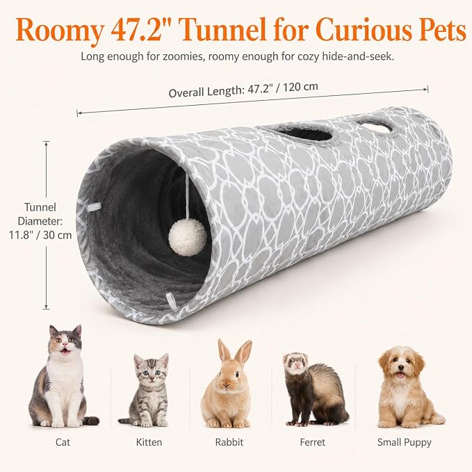 Geometric Straight Cat Tunnel with Plush Inside,Cats Toys Collapsible Tunnel Tube with Balls, for Rabbits, Kittens, Ferrets,Puppy,Diameter 11.8 Inch