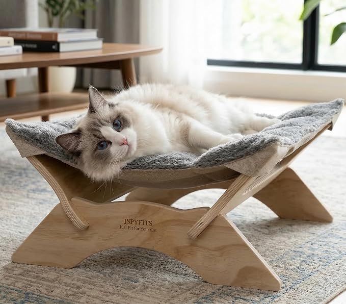 JSPYFITS Elevated Cat Bed Hammock, Raised Cat Bed with Dual-Sided Plush & Linen Cushion, Machine Washable & Breathable Cover Tool Free Easy Assembly, up to 66Lbs (Gray)