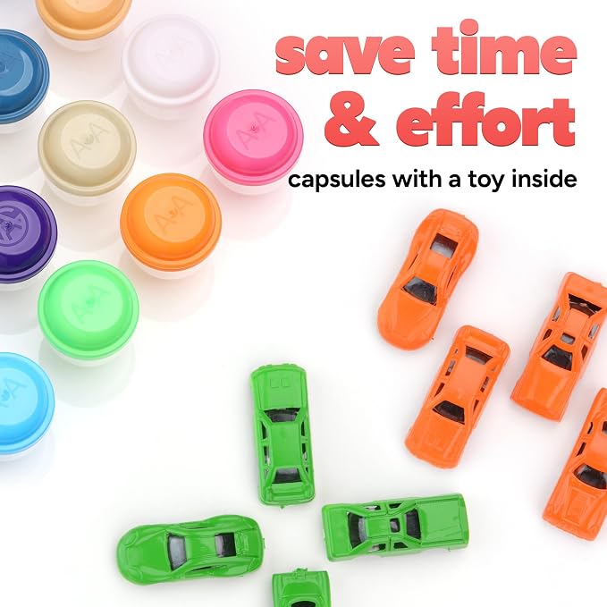 Racing Car Toys in Capsules - 250 Pcs - 1.1 Inch Plastic Capsules with Mini Racing Cars Toys for Kids inside - Bulk Easter Basket Stuffers Classroom Prizes