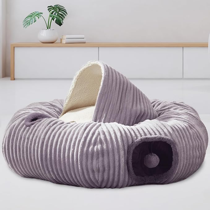 Cat Tunnel Bed for Indoor Cats - Cute Cat Donut Tunnel with Washable Circle Cushion and Blackout Tent Round Pet Play Toy for Kitten/Puppy/Rabbit, Grey