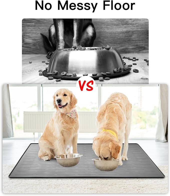 48" x 32" Largest Pet Food Mat, XXXL Silicone Dog Mats for Food and Water, Nonslip Pet Feeding Mats for Floors,Dog Cat Bowl Mat with Raised Edges, Gray White