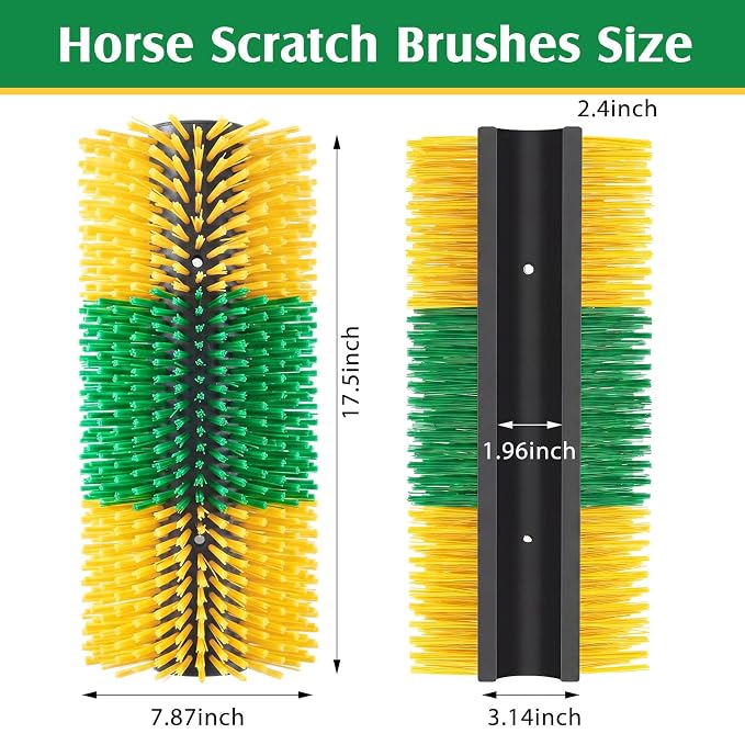 3 Pack Livestock Scratching Brush, Green and Yellow | Animal Scratcher, Itch Relief Grooming, Horse Goat Cow Scratcher, Fence Post Mounting, Durable Bristles, Farm Livestock Care