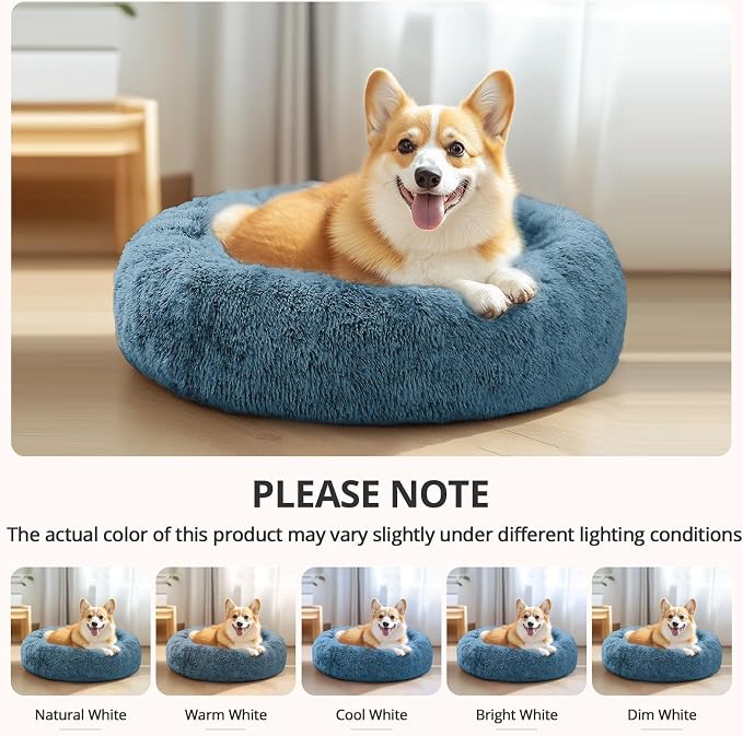 JOLLYVOGUE Calming Dog Bed Medium Size Dog, 31in Donut Washable Medium Pet Bed, Anti-Slip & Anti-Anxiety Fluffy Faux Fur Round Dogs Bed, Fits up to 45 lbs Pets (Blue)