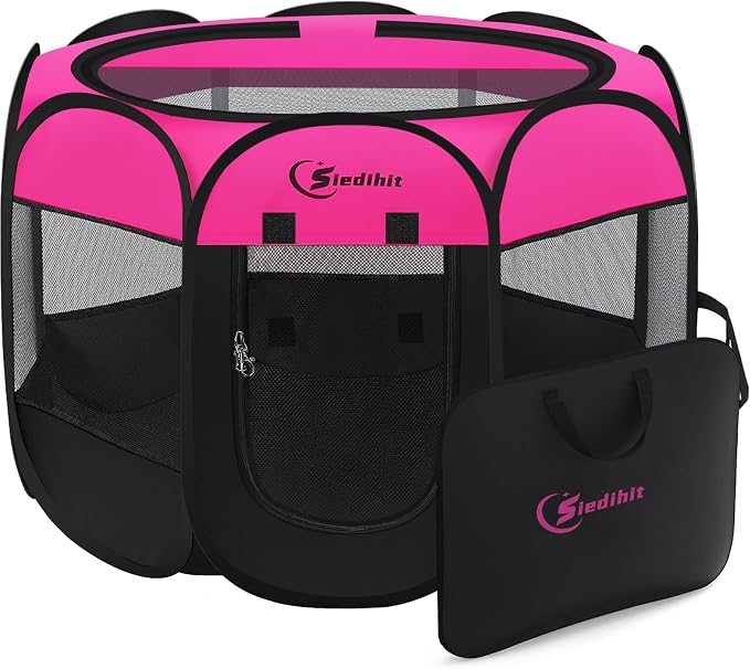 Siedihit Dog Playpen, Puppy Pet Playpens Indoor for Small Dogs Tent Crates | Cage Indoor/Outdoor, Portable Pop Up Dog Kennel Playpen with Carrying Case for Dogs/Cats/Rabbits, Hot Pink