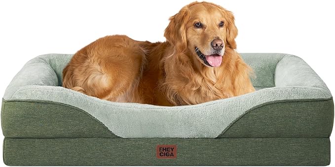 EHEYCIGA Orthopedic Dog Bed for Large Sized Dog, 41x27 Inch Large Memory Foam Dog Couch Bed with Sides, Waterproof Liner & Washable Removable Cover, Bolster Pet Sofa, Green