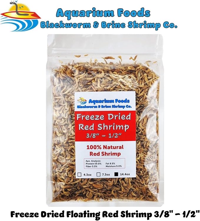 Aquatic Foods Inc. Red Shrimp, 3/8" to 1/2" Floating Freeze Dried Red Shrimp for All Tropical Fish, Cichlids, Catfish, Marines, Pond Fish, Aquatic Turtles, Rodents, Reptiles - 14.4oz Clear Bag