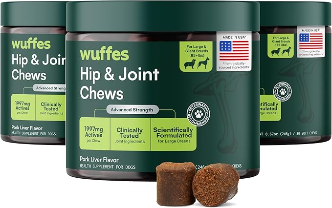 Wuffes Chewable Dog Hip & Joint Supplement - Glucosamine & Chondroitin Chews - Dog Joint Supplements & Vitamins - Extended Joint Care (Large Breed (Over 65 lbs), 90 Chews (Pack of 3))