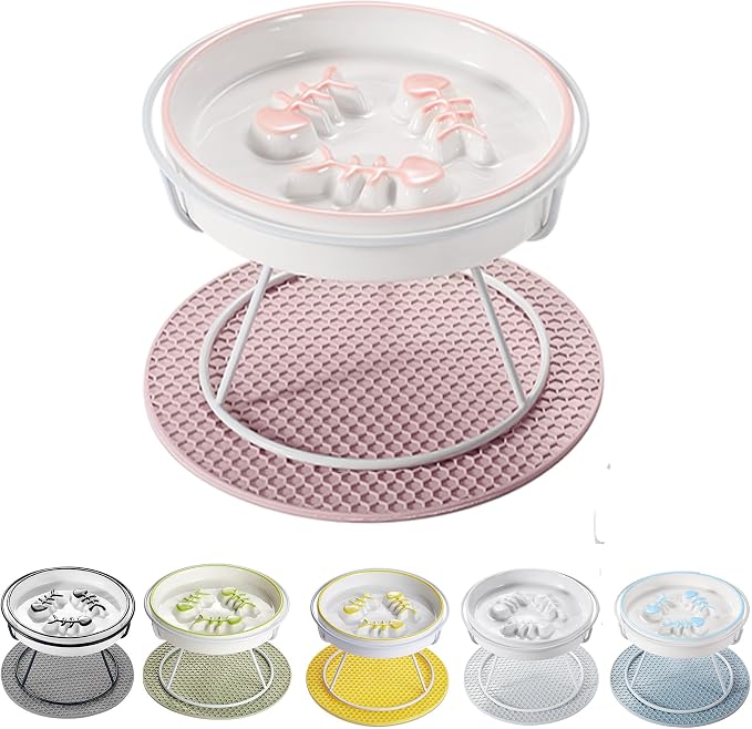 Ceramic Elevated Slow Feeder Cat Bowl, Anti Vomit, Removable Dish Pink | Removable Ceramic Bowl Elevated Slow Feeder Whisker-Friendly Wet & Dry Food Metal Stand