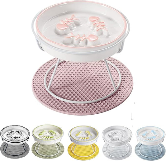 Ceramic Elevated Slow Feeder Cat Bowl, Anti Vomit, Removable Dish Pink | Removable Ceramic Bowl Elevated Slow Feeder Whisker-Friendly Wet & Dry Food Metal Stand