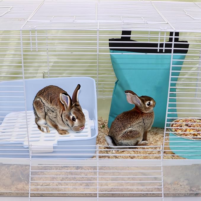 Rabbit Litter Box Trainer with Hay Feeder Hanging Bowls Water Dispenser for Cage Drawer Pan Litter Bedding Small Animal Pet Toilet Bunny Guinea Pigs Chinchilla Ferret Small Animals Blue