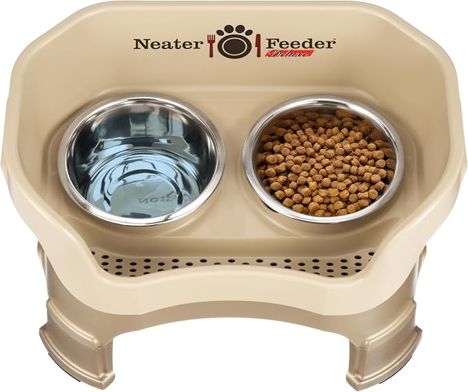 Neater Feeder Deluxe Mess-Proof Elevated Dog Bowls for Medium Dogs (19–40 lbs), 2 Height Adjustable (10” & 12.5”) No-Spill Raised Dog Bowl Stand, Stainless Steel Food Bowl Set, Made in USA, Cappuccino