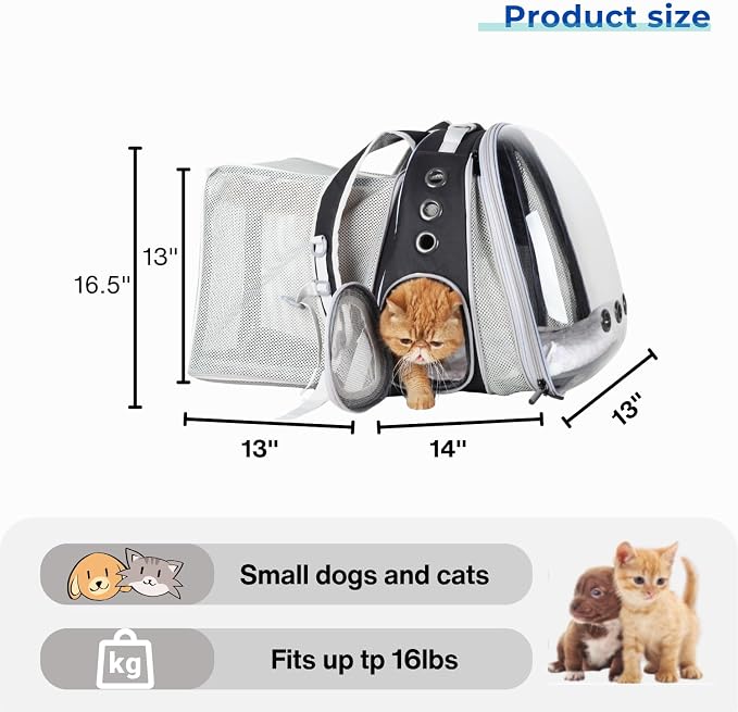 Expandable Cat Backpack Carrier for Large Cats & Small Dogs - Airline Approved Pet Bubble Backpack with Dual-Side Expansion, Perfect for Travel, Hiking & Outdoor Adventures, Up to 16lbs
