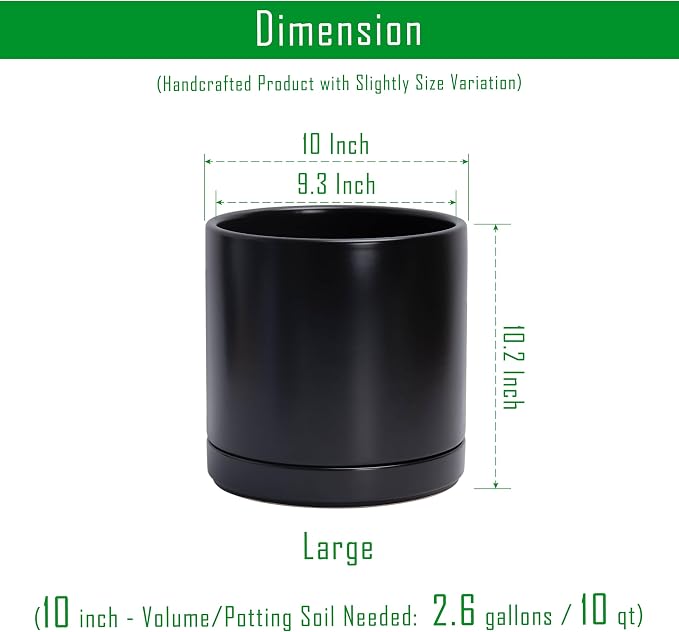 D'vine Dev 10 Inch Ceramic Planter Pot, Black, 94-O-E-2 | Modern Cylinder Design, Drainage Hole & Saucer Included, Stable Structure, Elegant Home Accent