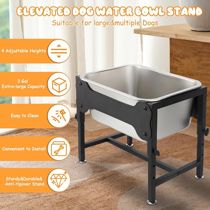 BWOGUE 3 Gal Elevated Dog Water Bowl, Stainless Steel Stand for Large Dogs | Raised Dog Water Bowl, 4 Adjustable Heights at 9/11/13/15 in, Non-Slip Base, Indoor/Outdoor Use, Joint Pressure Relief
