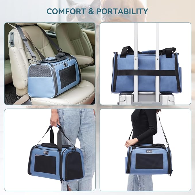 PETSFIT Pet Carrier, Blue, Small and Medium Cats, Puppies Up to 12 Lbs | Dog Carrier, Airline Approved, Collapsible Soft Sided, TSA Approved, Cat Travel Carrier