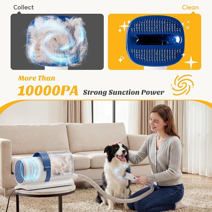 NEWBULIG Pet Grooming Vacuum Kit for Cats and Dogs, 2.5L Dust Cup | 3 Suction Modes and 5 Groomer Tools, Low Noise for Cats, Dogs Other Animals Hair Trimmer, White and Blue