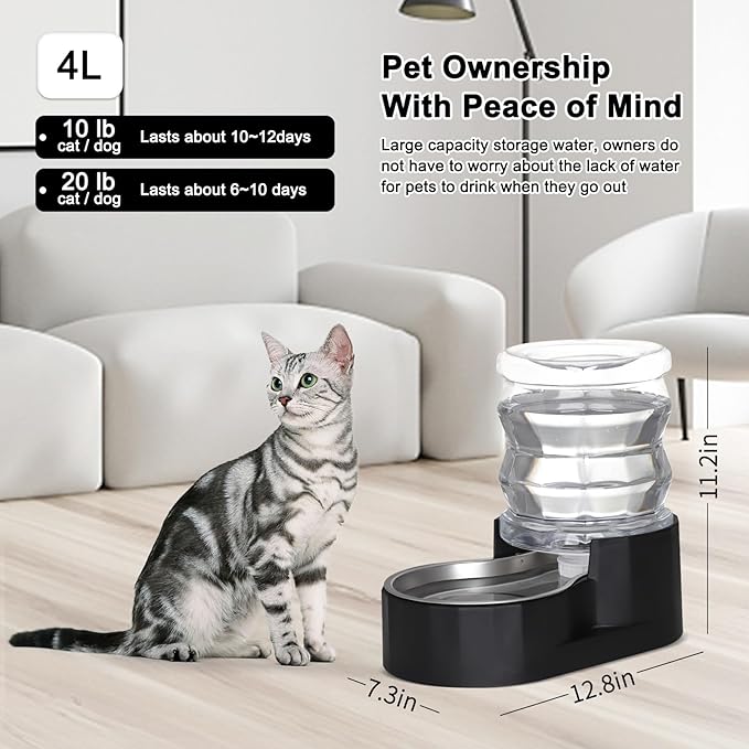 Distributeur d'eau automatique par gravité RIZZARI pour animaux : Gamelle en acier inoxydable noir de 4L sans filtre - Grande capacité pour chiens et chats - Idéal pour la cuisine - le salon - ou le couloir