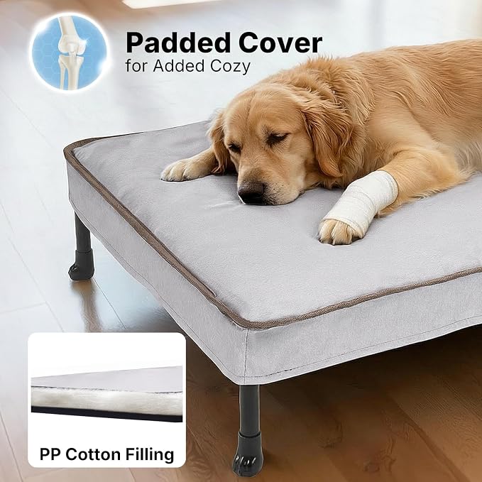 Veehoo Outdoor Elevated Dog Bed with Washable & Waterproof Cushion, Cooling | Large Raised Dog Cot with Removable Cover, Brethable Mesh, Orthopedic Pet Bed for Indoor & Outdoor, 42" x 30", Dark Grey