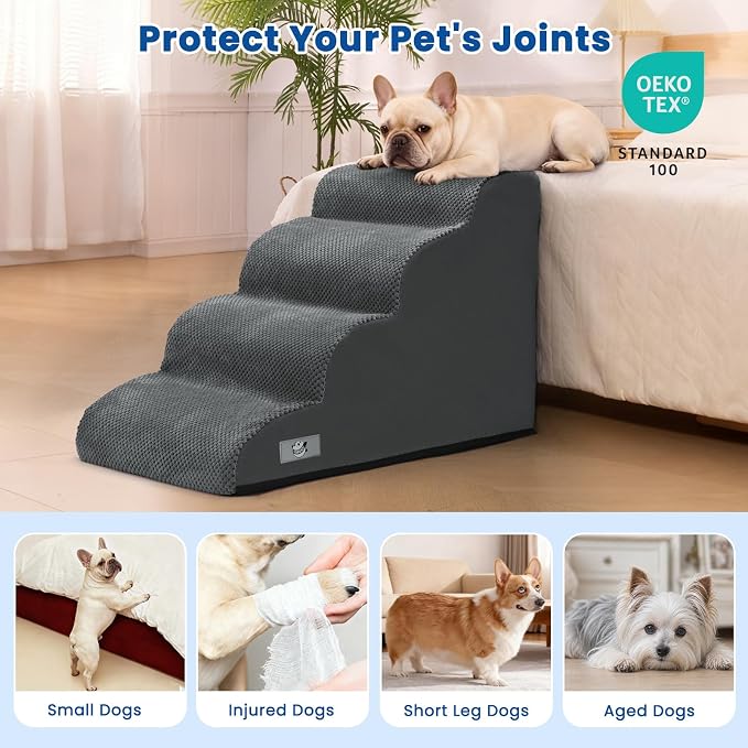 Dog Steps for Bed 17.7" H, 4-Step Pet Stairs Ramp for Small & Medium Dogs | Airpanda Dog Stairs with Washable Cover & High-Density Foam,Gentle Curved Design,Ideal for Senior & Short-Legged Dogs,Grey