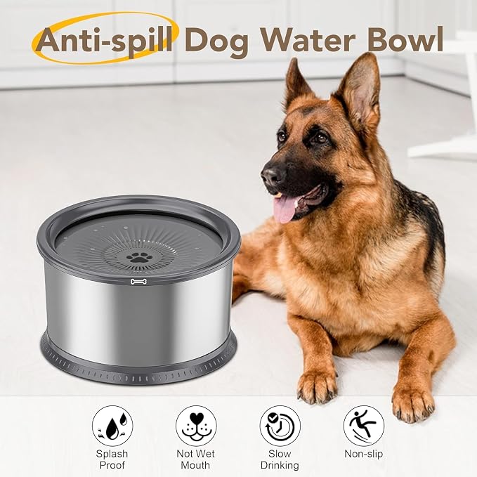2.5L Stainless Steel Dog Water Bowl, No Spill Water Bowl for Dogs | Large Capacity, Slow Drinking Feeder, Splash Proof, with Anti-Slip Mat, Dishwasher Safe, Sturdy, Suitable for Mess Drinkers
