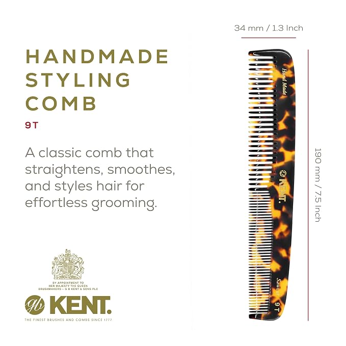 Kent 9T Fine Tooth & Wide Tooth Comb Detangler Hair Combs - Large Handmade & Saw-Cut Dressing Comb - Wet Hair Comb for Women, Durable Grooming Comb for Men, Made in England (Yellow Tokyo), 2 Count