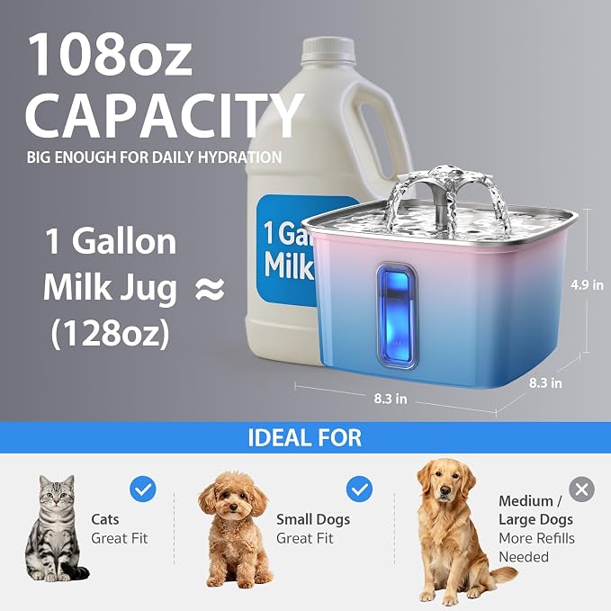 Veken Innovation Award Winner Stainless Steel Cat Water Fountain, 108oz | Automatic Pet Fountain Dog Water Dispenser with Replacement Filters & Silicone Mat for Cats, Dogs (Water Blue)