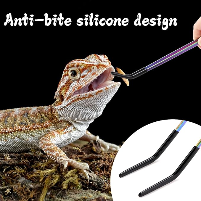 2PCS Stainless Steel Reptile Feeding Tongs with Rubber Tip, 10.6" Straight & Curved Long Tweezers, Perfect for Aquariums & Crafts - Ideal Bearded Dragon & Snake Tank Accessories, Terrarium Supplies