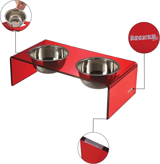 DBL2001H Keaton 7.5" Medium/Large Modern Acrylic Rectangular Elevated Pet Feeder with 54oz 2-Stainless Steel Bowls, Red/Chrome