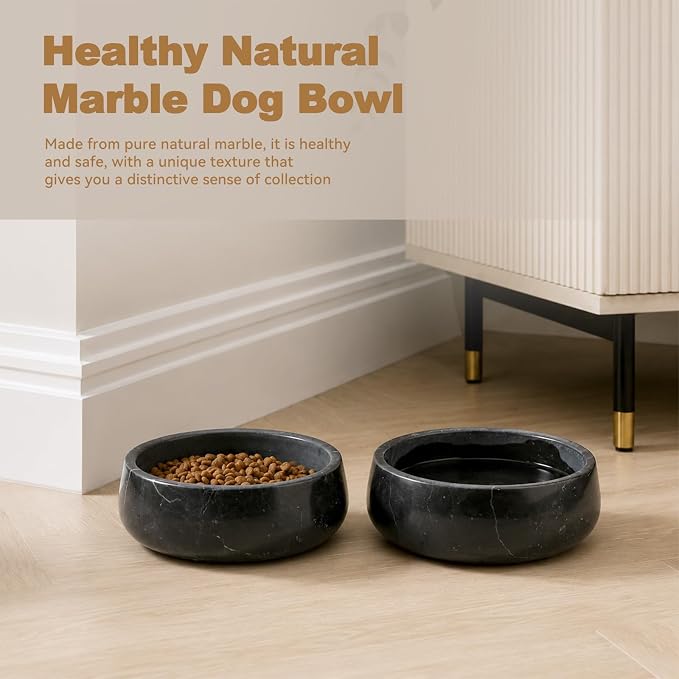 Karibiber Black Marble Dog Bowl, 3.5lbs Non Slip Heavy Dogs Food Bowl, Large Weighted Water Bowls for Medium Dogs, Natural Stone Pet Bowl, Holds 4.5 Cups